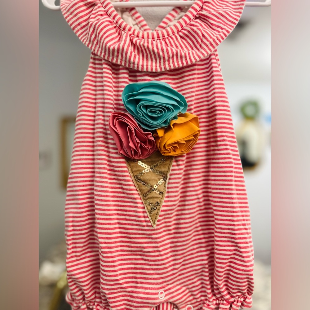 Mud Pie Pink Striped Hooded Towel with Ice Cream Appliqué